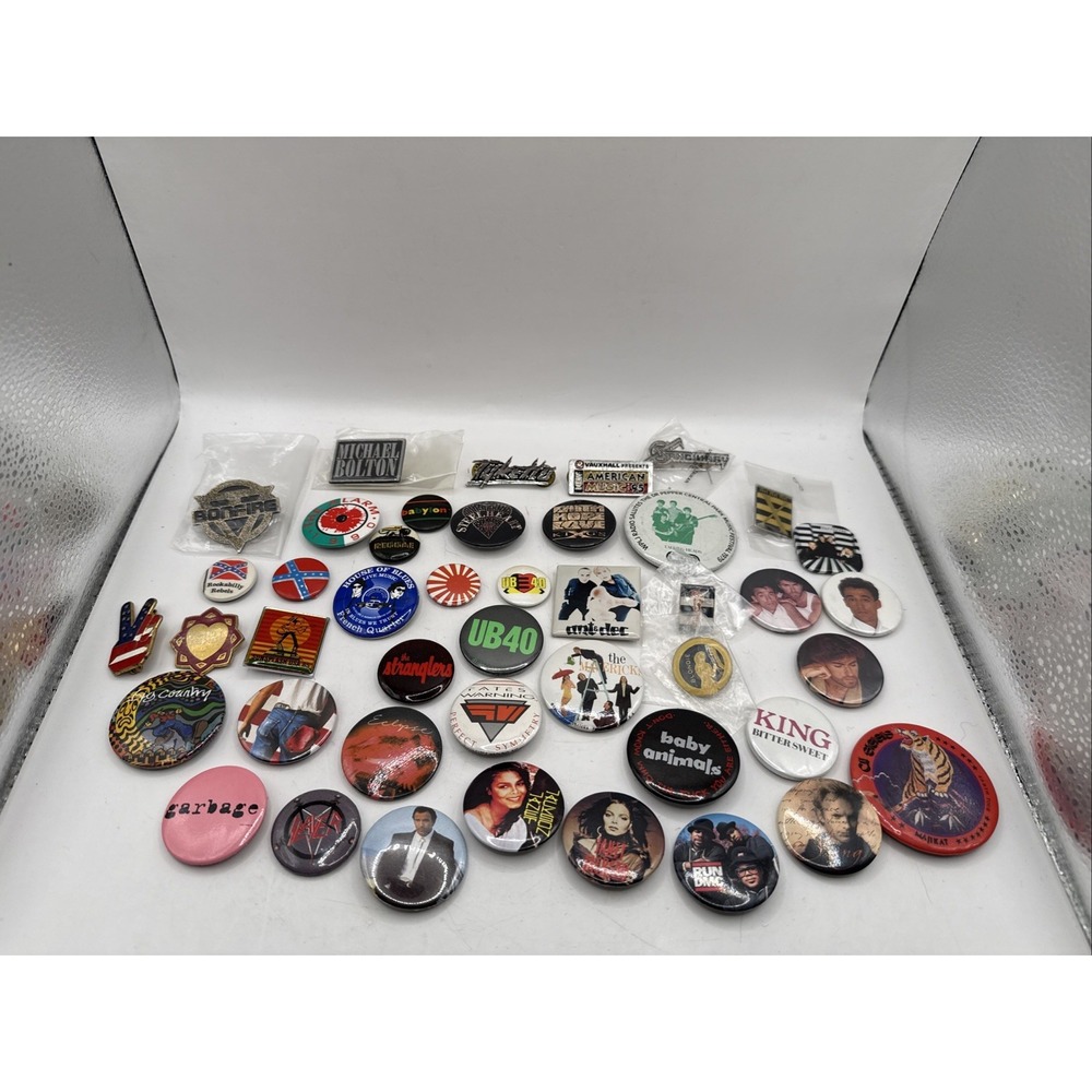 Collection Of 45+ Vintage Rock & Roll Bands Lapel Pin Back Jacket Buttons